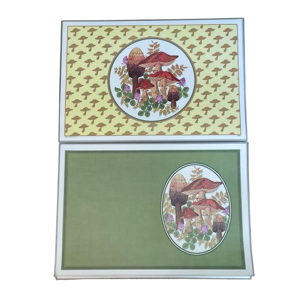 Vintage 70s MCM Mushroom Placemats Set 12 Green Reversible Retro Cottagecore
